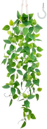 LOYWREE 1 Pack Artificial Hanging Plant Kit with Pot and Hanger - 39" Long Fake Pothos Vines - Hanging Potted Faux Plant Indoor for Wall Ceiling Bedroom Bathroom Living Room Home Decor (White Pot) by Unknown