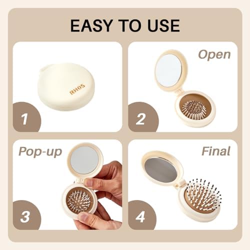 RHOS Compact Foldable Hair Brush with Mirror for Women, Men & Kids - Small Pocket & Portable Travel Brush (Beige) - Image 7