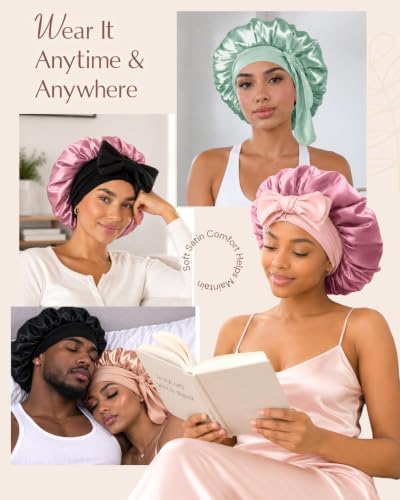 BONNET QUEEN Silk Bonnet for Sleeping Women HYALURONIC Acid Reversible Double Layer Satin Bonnet Night Sleep Cap Wrap for Curly Hair with Adjustable Tie Band & Scrunchie, Black & Rose Gold - Image 5