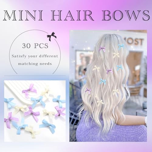 30PCS Satin Hair Accessories: Bow Clips, Hair Ribbons in Blue, Purple, White - Kawaii Mini Bows for Women, Girls - Image 2