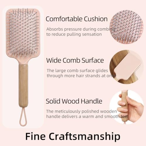 Paddle Detangling Hair Brushes for Women, Detangler Brush for Thick, Curly, Long, Wet & Dry Hair, Hairbrush with Solid Wood Handle & Cushion Base (Pink) - Image 2