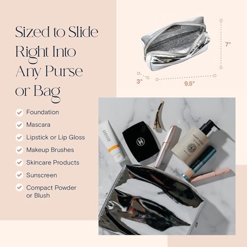 Stay Golden Luxury Insulated Makeup Bag for Women – Heat-Resistant Vegan Leather Cosmetic Case for Hot Car, Pool, Travel & Skincare, Waterproof Wipe-Clean | Metallic Silver, Medium (9.5 x 7 x 3 in) - Image 2