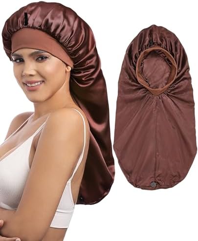 AWAYTR 2-Layer Satin Bonnet for Braids, Wide Band Long Sleep Cap Brown by AWAYTR