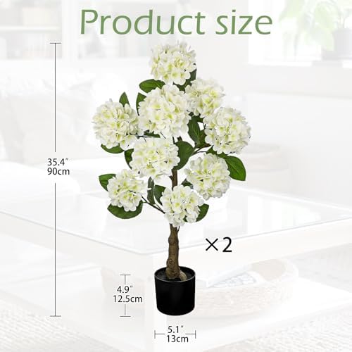 3FT White Hydrangea Artificial Flowers Tree Large Real Touch Faux Silk Hydrangea Plants Potted Fake Flower in Black Pot for Home Indoor Outdoor Front Porch Garden Entrance Living Room Decor, 2 Pack - Image 2