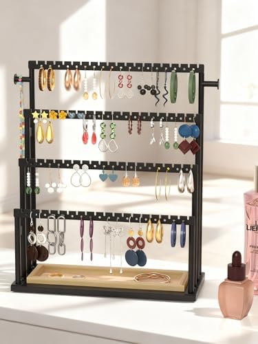 Earring Holder Organizer, 4-Tier Metal Jewelry Display Stand with Wooden Storage Organizer, Large Earring Holder for Studs, Hoops, and Dangles, Modern Jewelry Organizer for Women - Image 3