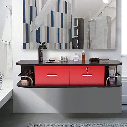 RESHABLE Wall Mount Salon Station with Locked Drawers,Black and Red by RESHABLE