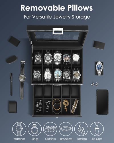 Kukikan Mens Watch Box Jewelry Organizer, 2-Layer 20-Slot Watch Case -Black - Image 3