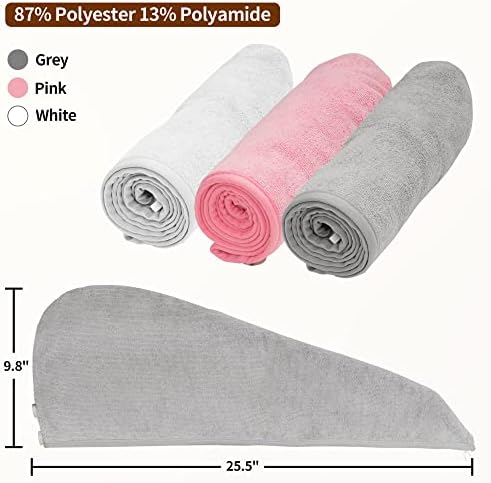 NEXCOVER Hair Towel Microfiber, 3 Pack White Grey Pink 9.8 inch X 25.5 inch Hair Wrap,Ultra Absorbent Hair Turbans,Fast Drying Head Towels for Women Wet Hair,Long,Curly,Thick,Frizzy Hair - Image 4