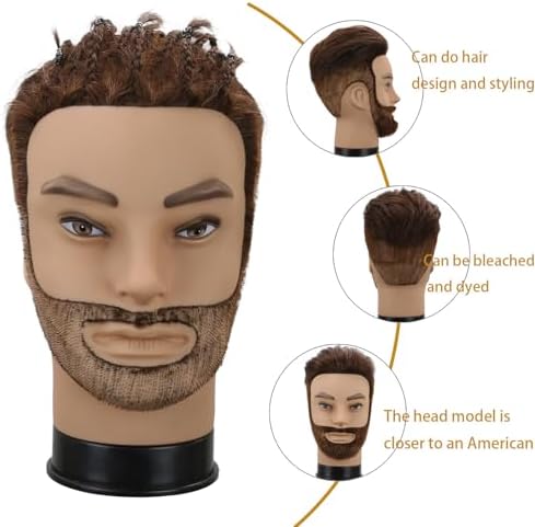 Male Mannequin Head,Training Head with 100% Human Hair 12inch Barber Mannequin Head Male Mannequin Head With Beard for Hair Styling, Practicing Cut Styling（Dark Brown） - Image 2