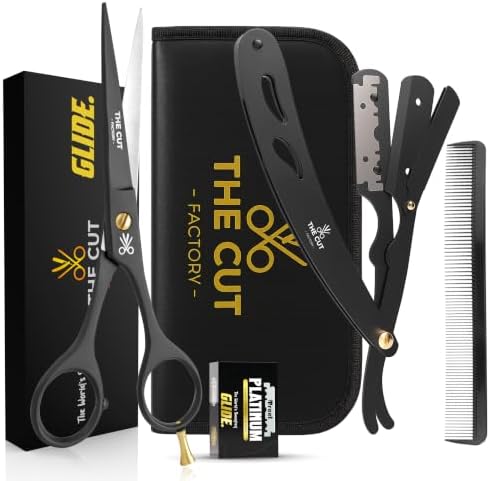 Professional Matte Black Barber Grooming Kit – Hair Cutting Scissors, Straight Razor with extra Razor Blades, Hair Comb & Leather Zipper Pouch – Complete Haircut, Beard & Mustache Trimming Set for Men by THECUT-FACTORY-