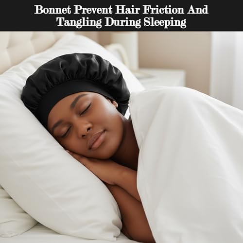 12 Pcs Silk Bonnet for Women Curly Hair Satin Bonnet Hair Wrap for Sleeping Cap with Tie Band Soft and Breathable (Black) - Image 4
