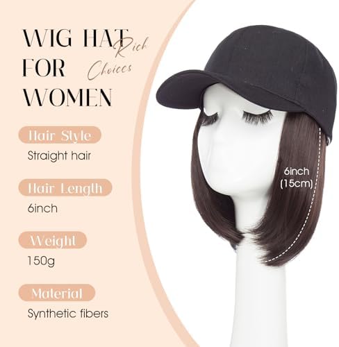Rich Choices Hat Wigs for Women,Black Baseball Cap with Hair Extensions for Women,Short Bob Hairstyle Caps with Straight Synthetic Hair Attached Adjustable Baseball Cap Wig 6 Inch-Dark Brown Hair - Image 2