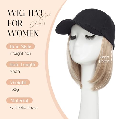 Rich Choices Hat Wigs for Women,Black Baseball Cap with Hair Extensions for Women,Short Bob Hairstyle Caps with Hair Attached Adjustable Baseball Cap Wig 6 Inch-Highlighted Honey Blonde Hair - Image 2