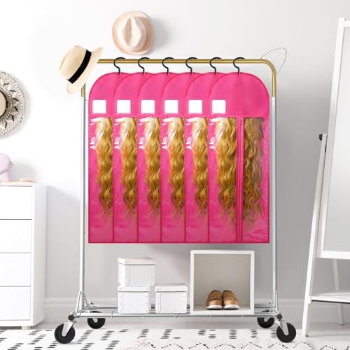 6Pcs Extra Long Wig Storage Bags with Hanger Hair Extension Wig Storage Hanger Bags for Multiple Wigs with Tags Organizer Dust-Proof Home Travel Closet Wigs & Accessories (Pink 31.5in) - Image 4