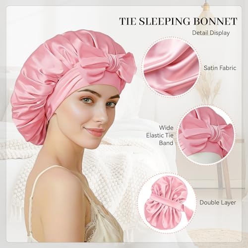 Silk Bonnet for Sleeping Satin Hair Bonnet Double Layer Adjustable Sleep Cap with Elastic Tie Band - Image 4