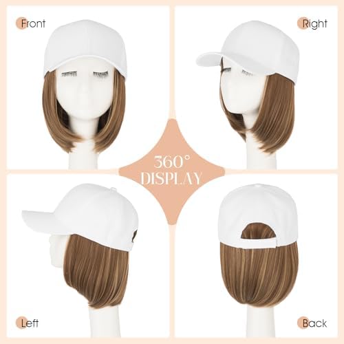 Rich Choices Hat Wigs for Women,White Baseball Cap with Hair Extensions for Women,Short Bob Hairstyle Caps with Hairs Attached Adjustable Baseball Cap Wig 6 Inch-Highlighted Dark Brown Hair - Image 5