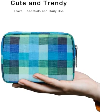 E-Tree Cute Small Makeup Bag,Cosmetic Toiletry Make up Little Items Pouch for Purse,Zipper Mini Tech Charger Cable Electronic Organizer Case,Travel Accessories for Women Men Teen,Blue Checkered - Image 4