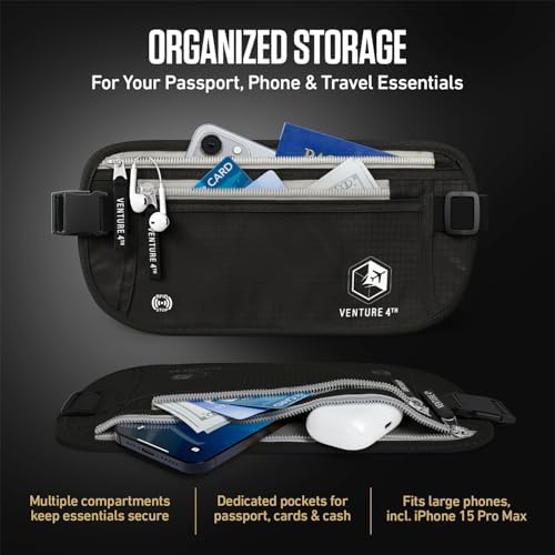 VENTURE 4TH Travel Money Belt, RFID Blocking Passport Holder - Black - Image 5