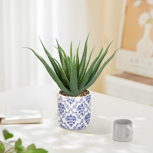Briful Agave Plants Artificial Succulents Fake Plant in Blue Vase, 9'' Tall Realistic Faux Aloe Vera for Home Decor Indoor Centerpiece Table Kitchen - Image 5