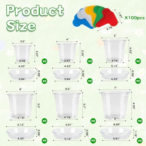 3/4/5/6/7 Inch Clear Nursery Pots with Drainage Holes, Saucers, Plant Tags - Image 2