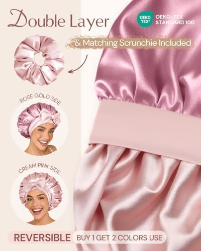 BONNET QUEEN Silk Bonnet for Sleeping Women HYALURONIC Acid Reversible Double Layer Satin Bonnet Night Sleep Cap Wrap for Curly Hair with Adjustable Tie Band & Scrunchie, Cream Pink & Rose Gold - Image 4
