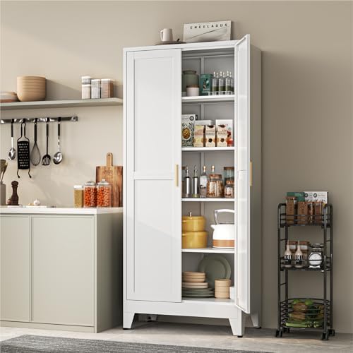 YAUWOH 71''Metal Cabinet with 4 Adjustable Shelves,5-Tier Pantry Storage Cabinet,Kitchen Pantry Cabinet for Living Room,Dining Room, (1PC,White) - Image 2