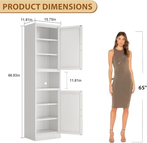 Tall Metal Narrow Bathroom Storage Cabinet 67" H, Tall White Pantry Cabinets with 4 Adjustable Shelves and 2 Doors for Kitchen, Home Office, Living Room, Dining Room(16 inches Wide) - Image 2