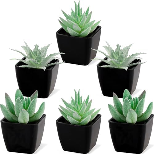 Woration 6pcs Small Faux Artificial Flocking Succulent Plants in Black Pots Fake Plastic Plants Topiaries for Shelf Table Windowsills Office Home Green Decoration by Woration