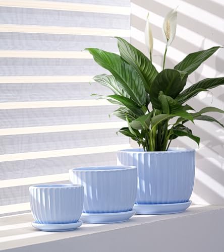 Flower Pots，Ceramic Pots with Drainage Holes & Saucers Set of 3(Sky Blue) - Image 5