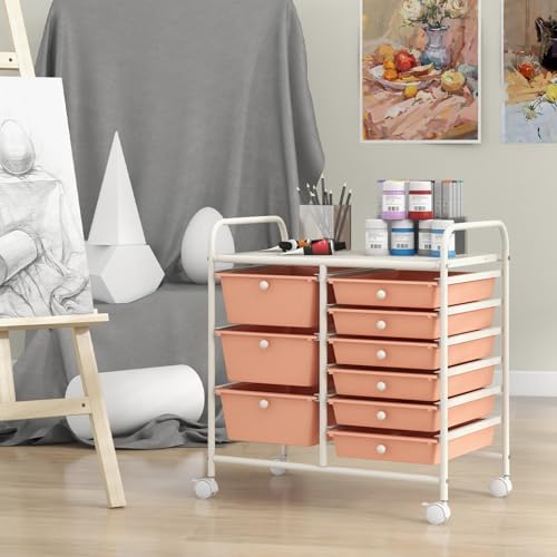 Giantex 9 Drawers Rolling Cart, Classroom Organizers, Storage Cart with Wheels, for Teacher Office Home School Supplies Tool Craft Art Paper, Peach Fuzz - Image 4