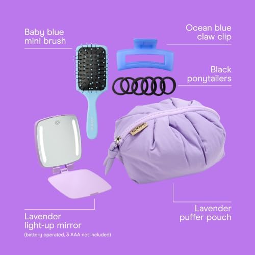 Conair Hair Accessories Kit for Women, Hair Clips, Hair Ties & Detangler Brush Set, No-Damage Styling Essentials for Travel & On-the-Go with Lighted Mirror & Puffer Bag, Purple - Image 2