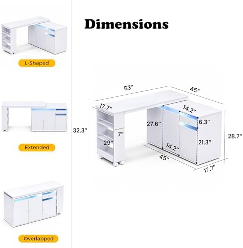 L-Shaped Manicure Table with Large Storage & LED Light (White) - Image 2
