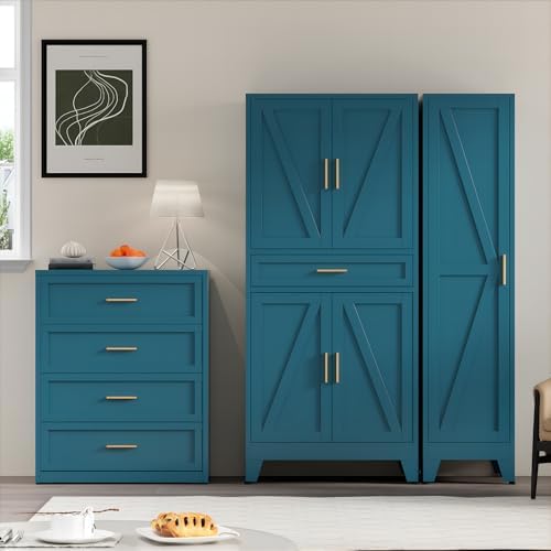 COFaR Farmhouse Storage Kitchen Pantry Cabinet with 4 Barn Door, 4 Adjustable Shelves, Drawer and Legs, for Cupboard/Dining Room/Bathroom/Living Room/Office/Laundry Room(Blue Green, 71" Metal Cabinet) - Image 2
