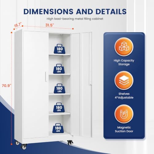 Yizosh Wheeled Metal Garage Storage Cabinet,Lockable Files Storage Cabinets - Image 3