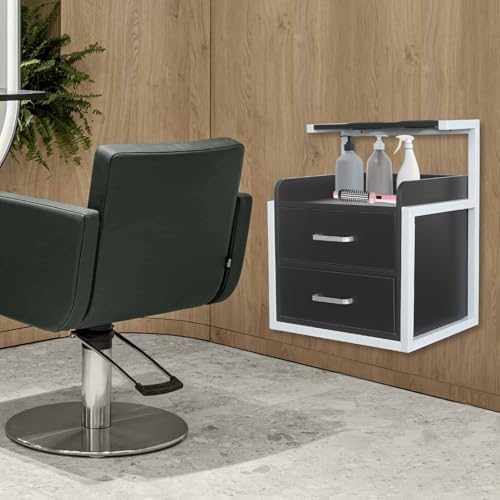 Salon Wall Cabinet with 2 Drawers, Wall Mounted Salon Storage Organizer with Hair Dryer Holder, Hair Station for Beauty Spa Barbershop (Black+ Silver) - Image 2