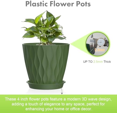 Meowell 4 inch Small Plastic Nursery Pots, Seedling Pots, 5 Set Water Ripples Plant Pots for Indoor Plants, Flower Pots with Drainage Holes and Saucers, Seed Starter Pots for Succulent, Colorful - Image 3