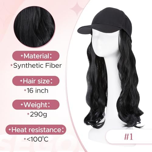 SEGO Baseball Cap with Hair Extensions for Women Heat Resistant Synthetic 16" Adjustable Long Wavy Hairpiece Replacement Wigs in Black Hat for Girls 1A Black - Image 5