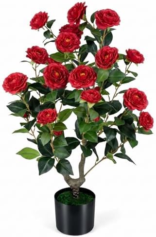 Goplus 35.5’’ Artificial Camellia Tree, Flower Plants Artificial Tree by Goplus