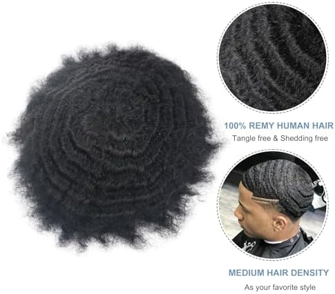 Man Hair Unit Afro Toupee for Black Men Kinky Curly Human Hair Wigs 10MM Mens Wave Units Full Lace Black Mens Hairpiece 8x10inch Lace Replacement Systems (1# Jet Black) - Image 3