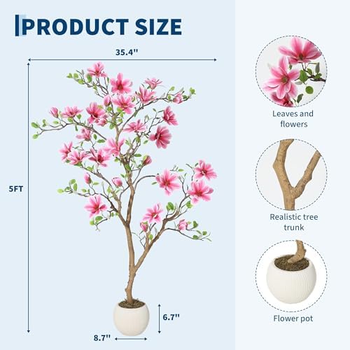 5 Inch Artificial Magnolia Tree with Pot, Faux Flower Tree with Pink Magnolia Blooms and Green Leaves, Potted Artificial Plant for Living Room, Bedroom, Office, Entryway, Store, Home Dector - Image 2