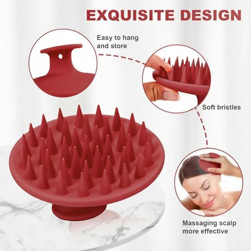 Meartchy Silicone Scalp Massager Shampoo Brush, Scalp Brush for Hair Growth & Dandruff Removal, Hair Scrubber Scalp Stimulator Exfoliator Brush with Soft Bristles for Wet Dry Scalp Care (Ruby Red) - Image 3