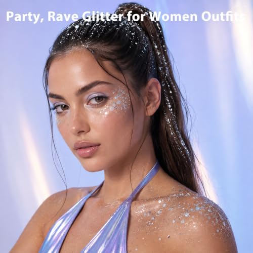 Mysense Silver Body Glitter Stick,Face Hair Glitter Makeup,Sparkling Mermaid Sequins Chunky Glitter Face Paint,Singer Concert Outfit Festival Rave Accessories for Women and Kids - Image 2