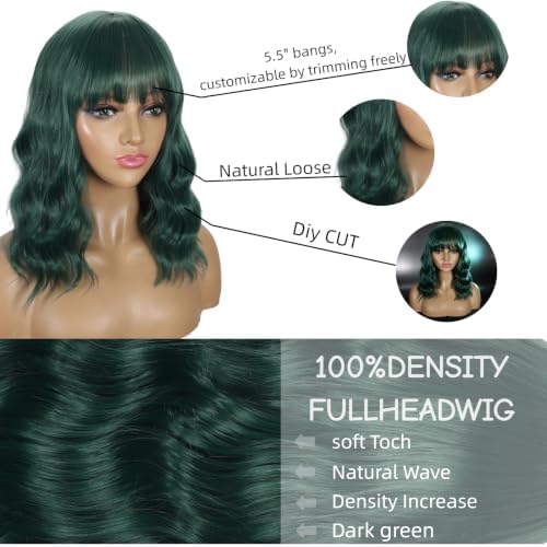 Sebast Pastel Bob Wigs with Bangs for Women Loose Wavy Wig Pastel Wavy Shoulder Length Bob Synthetic Cosplay Wig for Girl Colorful Costume Wigs (Dark green) - Image 3