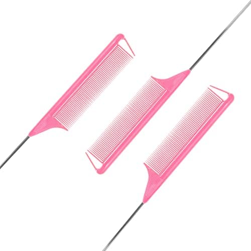 Rat Tail Combs Set - 3 Pack Long Steel Pin Combs for Hair Stylists, Parting and Teasing, Great for All Hair Types (Pink) - Image 3