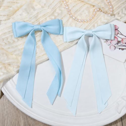 6PCS Blue Tone Hair Bows, Large Ribbon Bow Hair Clips for Girls Women Cute Ponytail Holder Accessories for Toddlers Kids Teens - Image 7