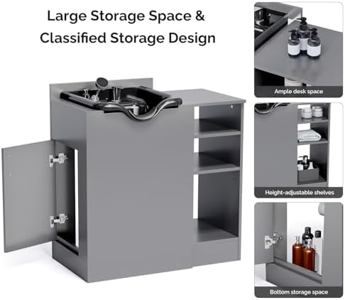 OmySalon Shampoo Bowl with Cabinet, Portable Salon Hair Washing Station with Adjustable Shelf, UPC Certified Faucet, Freestanding Backwash Sink for Barber, Beauty Salon, Spa, Grey - Image 5
