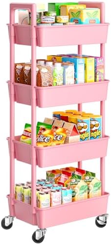 Pipishell 4 Tier Rolling Cart with Handle & Wheels for Storage, Pink by Pipishell