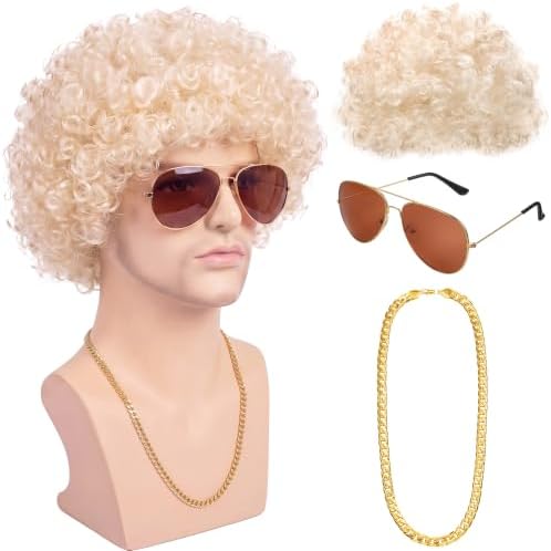 Gejoy Mens Disco Costume Set, 70s Afro Wig Glasses Chain, Gold Hair - Image 2