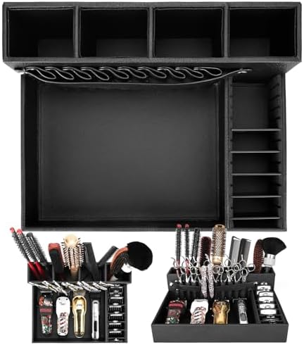 Barber Organizer Tray, 13.9 x 11.2 x 4.4 inch Adjustable Station for Clippers & Guards Scissors, Multifunctional Non-slip Barber&Salon Hair Tools Holder, with PU Leather Exterior Hairdressing Case - Image 3