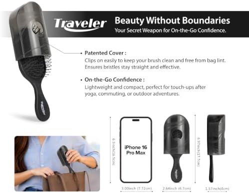 NuWay® DoubleC Pro® & Traveler® Combo (2-Brush Set) Professional Scalp Care & Detangling Hair Brushes with Patented Double Curve Design, Travel Case, Wet & Dry Hair (Midnight Black) - Image 3